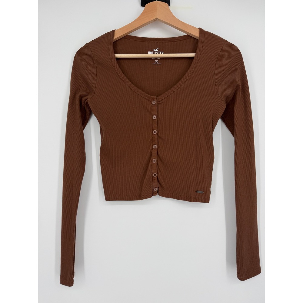 Hollister Ribbed Baby Tee Long Sleeve Button Front Crop Top‎ Small